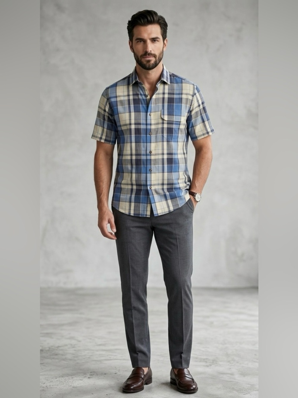 Oscar de la Renta Men’s Plaid Short Sleeve Shirt Blue Yellow M